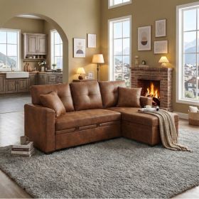 Sleeper Sofa, Sectional with Pull-Out Bed, Reversible Chaise, Storage Sectional,  Light Brown breathable  fabric, Small Space Solution, Convertib (Option: Light Brown)